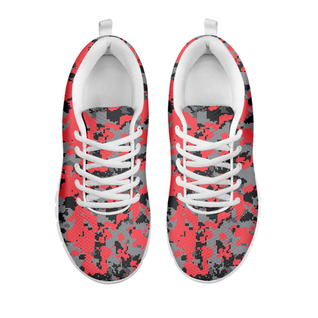 Red And Grey Digital Camo Pattern Print White Running Shoes