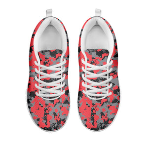 Red And Grey Digital Camo Pattern Print White Running Shoes