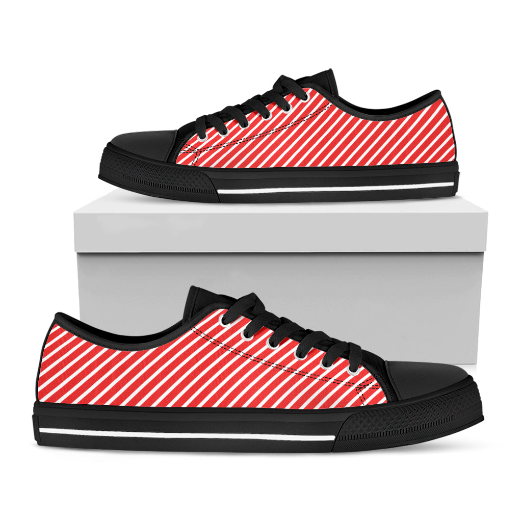 Red And White Candy Cane Pattern Print Black Low Top Sneakers