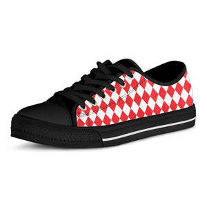 Red And White Harlequin Pattern Print Black Low Top Sneakers