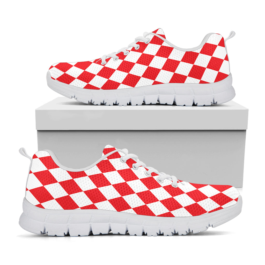 Red And White Harlequin Pattern Print White Running Shoes