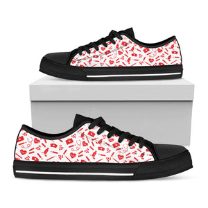 Red And White Nurse Pattern Print Black Low Top Sneakers