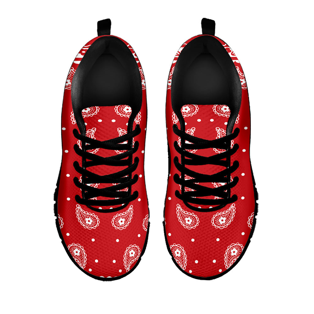 Red And White Paisley Bandana Print Black Running Shoes