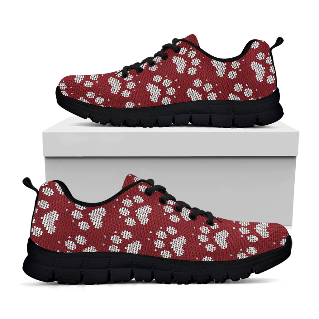Red And White Paw Knitted Pattern Print Black Running Shoes
