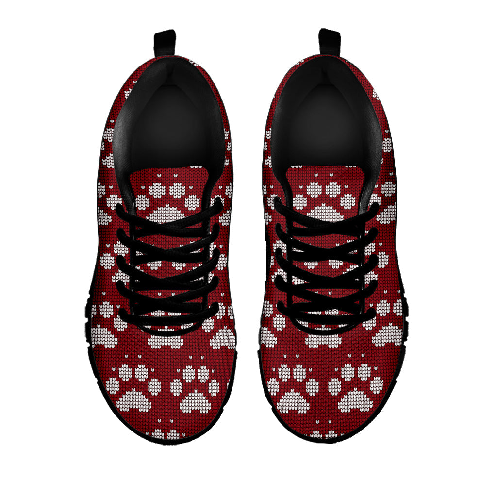 Red And White Paw Knitted Pattern Print Black Running Shoes
