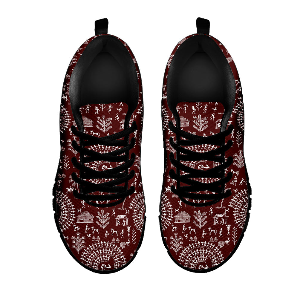 Red And White Warli Tribal Print Black Running Shoes