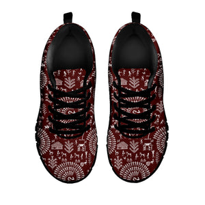 Red And White Warli Tribal Print Black Running Shoes