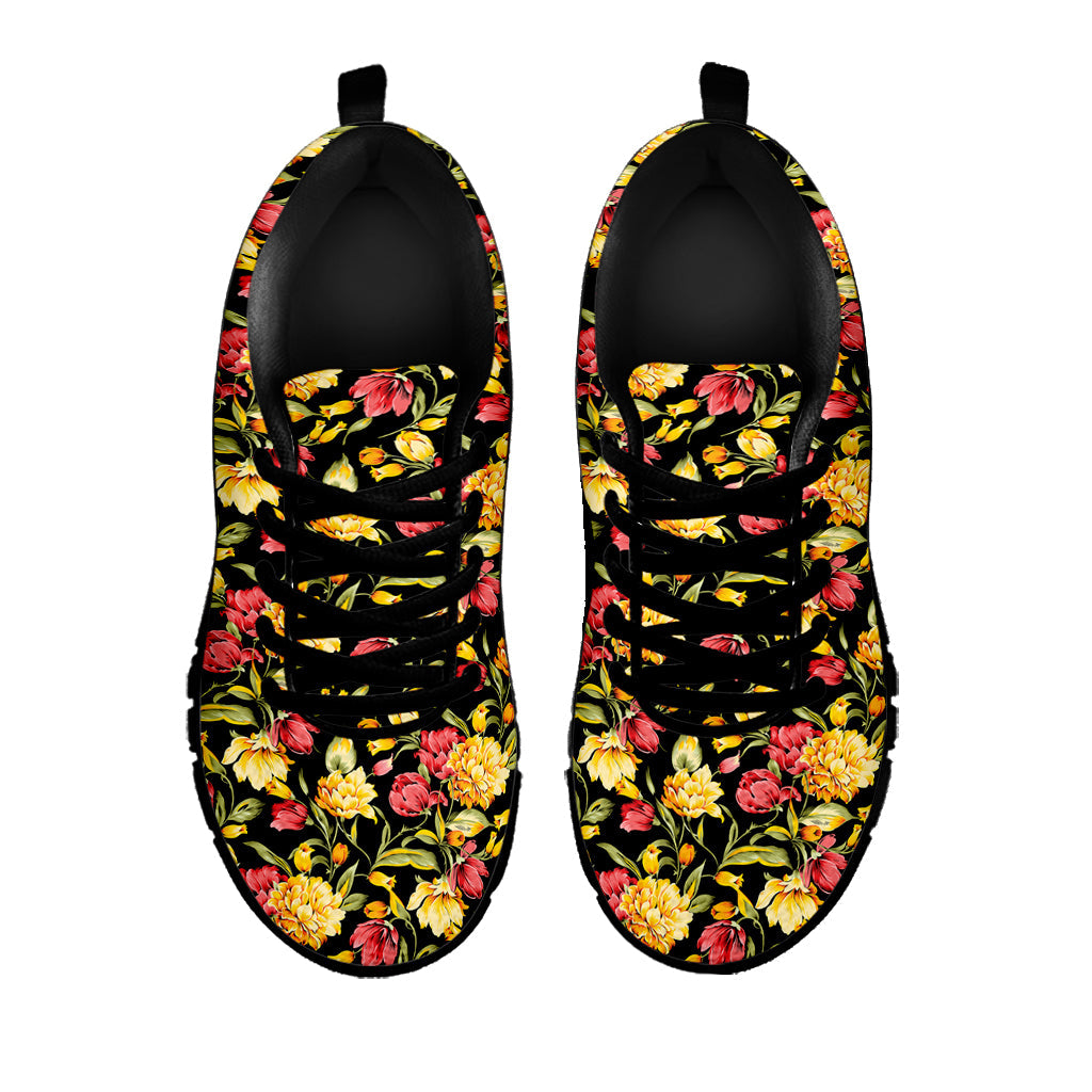 Red And Yellow Flowers Print Black Running Shoes