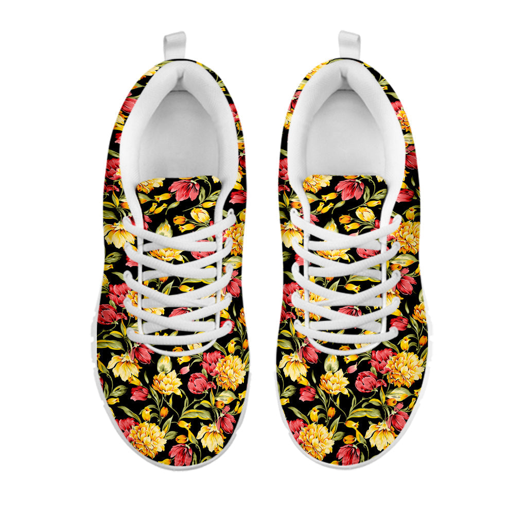 Red And Yellow Flowers Print White Running Shoes