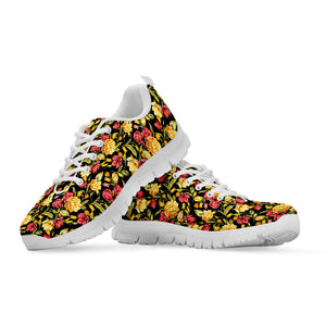 Red And Yellow Flowers Print White Running Shoes