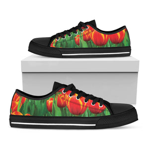 Red And Yellow Tulip Print Black Low Top Sneakers