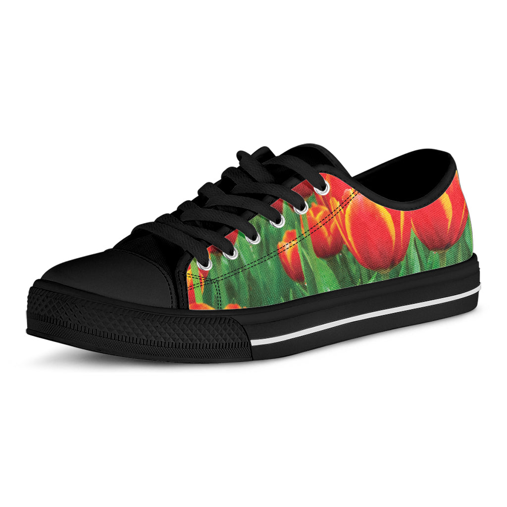 Red And Yellow Tulip Print Black Low Top Sneakers