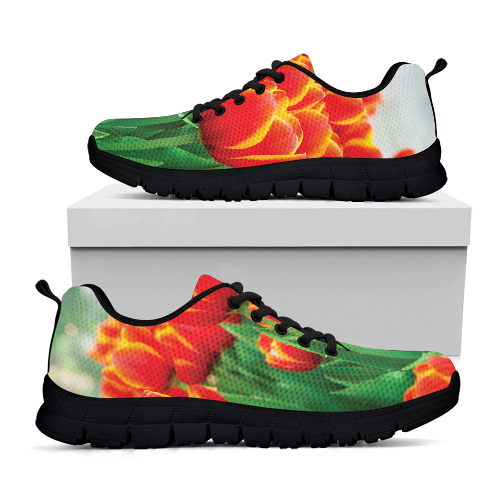 Red And Yellow Tulip Print Black Running Shoes