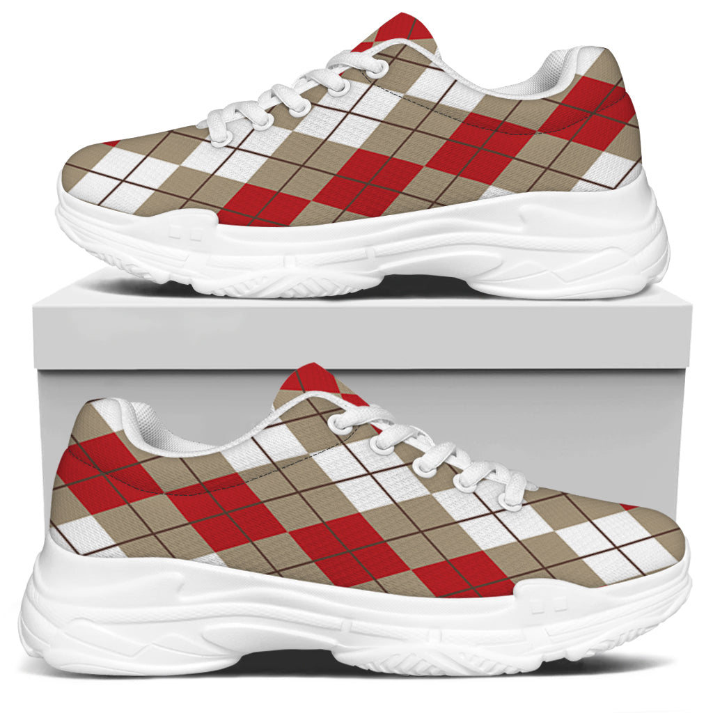 Red Beige And White Argyle Pattern Print White Chunky Shoes