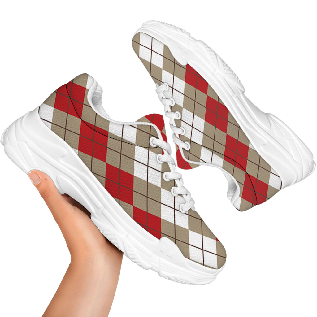 Red Beige And White Argyle Pattern Print White Chunky Shoes
