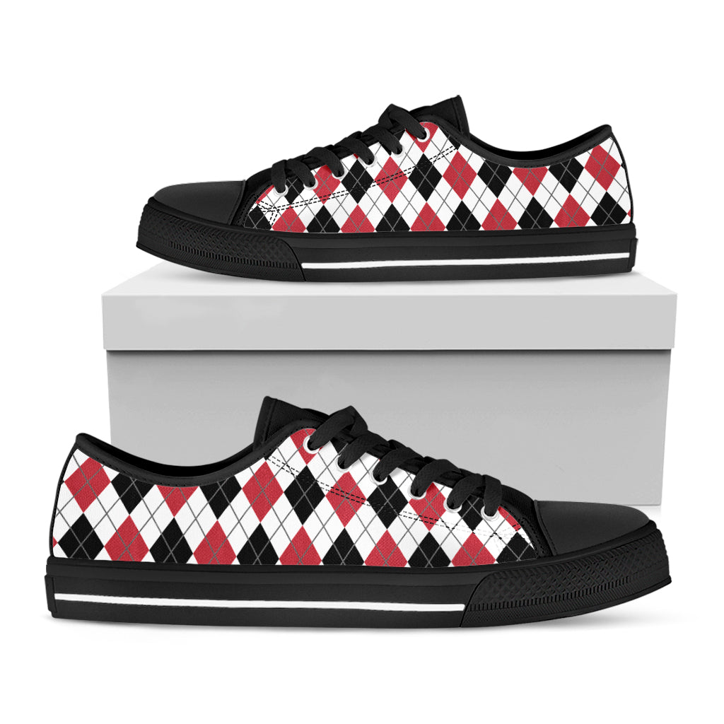 Red Black And White Argyle Pattern Print Black Low Top Sneakers