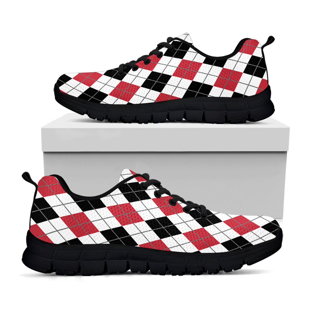 Red Black And White Argyle Pattern Print Black Running Shoes