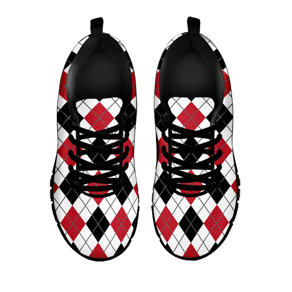 Red Black And White Argyle Pattern Print Black Running Shoes
