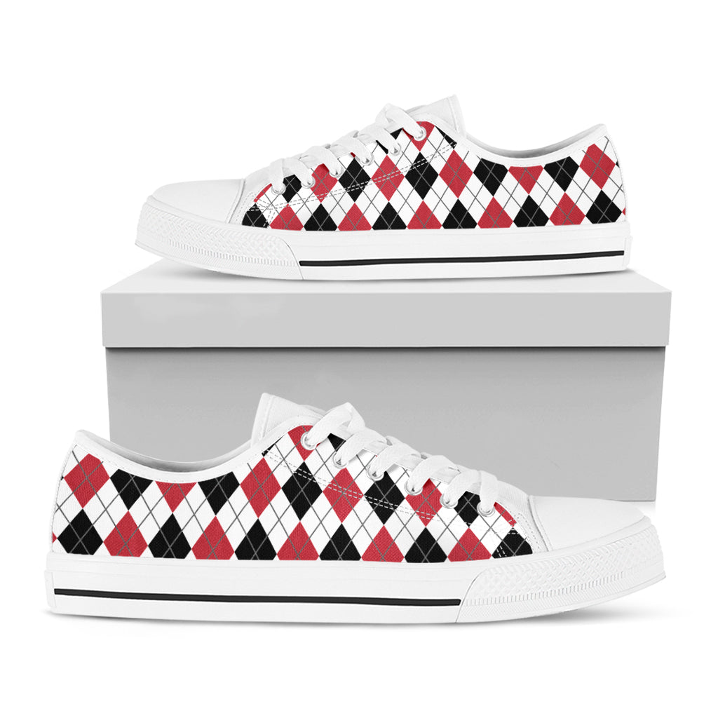 Red Black And White Argyle Pattern Print White Low Top Sneakers