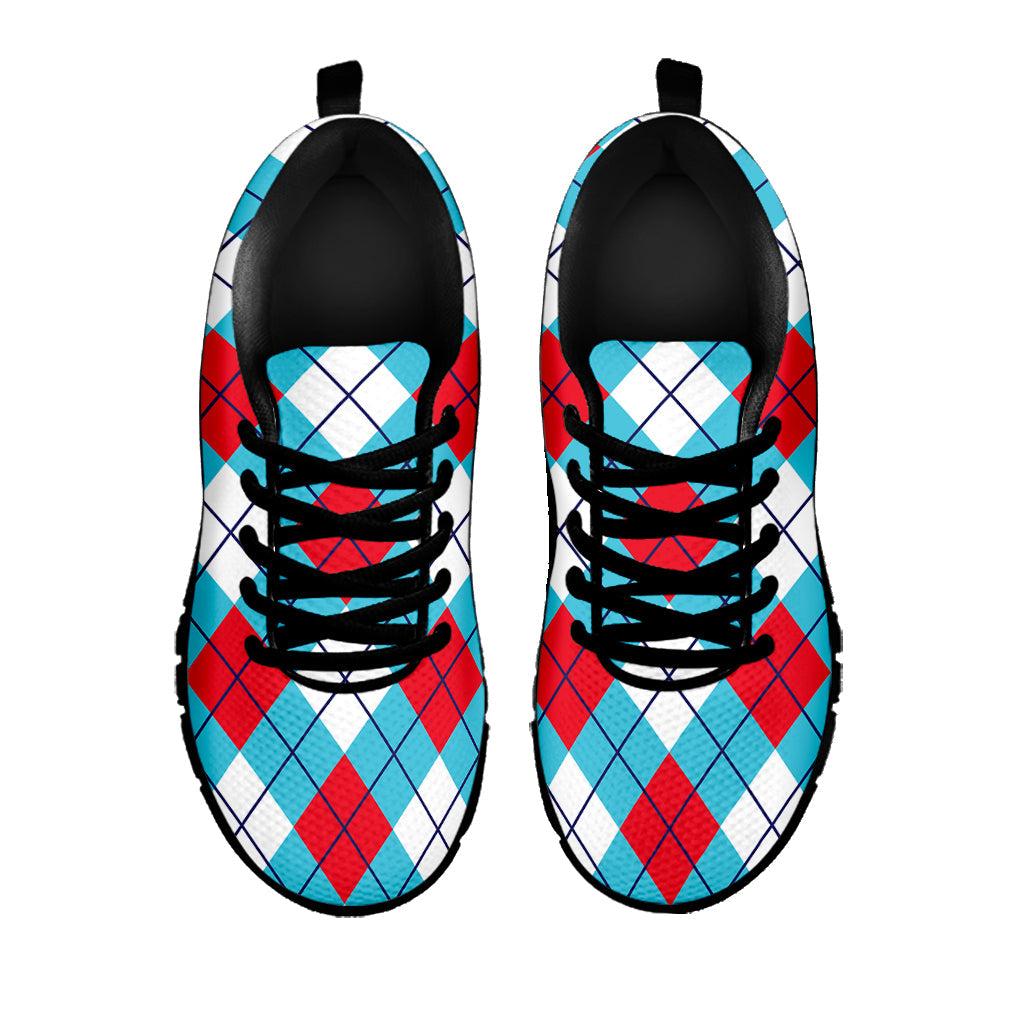 Red Blue And White Argyle Pattern Print Black Running Shoes