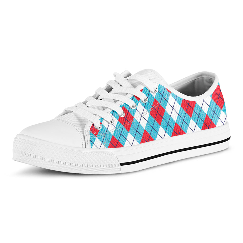 Red Blue And White Argyle Pattern Print White Low Top Sneakers