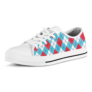 Red Blue And White Argyle Pattern Print White Low Top Sneakers