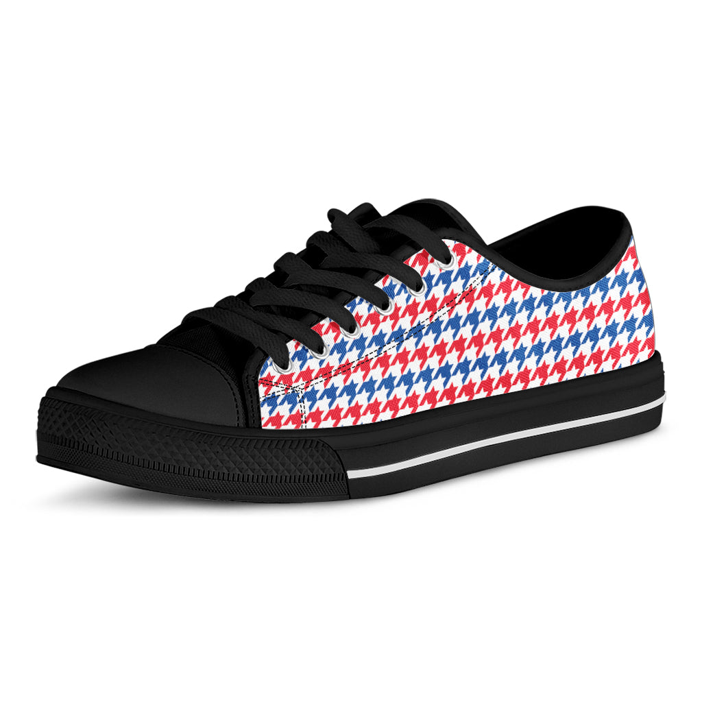 Red Blue And White Houndstooth Print Black Low Top Sneakers