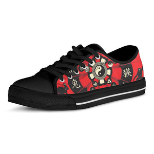 Red Chinese Zodiac Wheel Print Black Low Top Sneakers