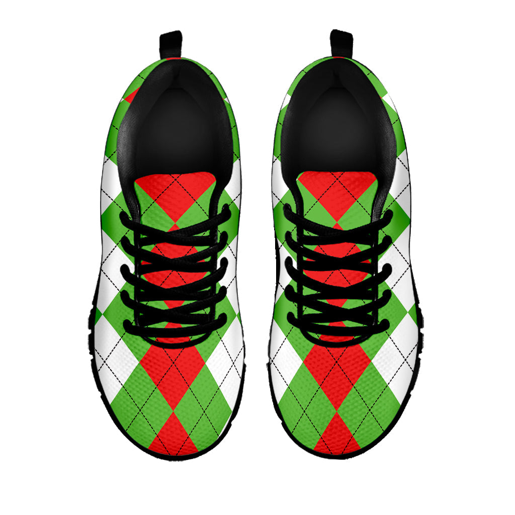Red Green And White Argyle Pattern Print Black Running Shoes