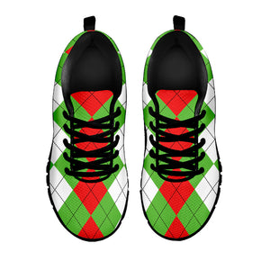 Red Green And White Argyle Pattern Print Black Running Shoes
