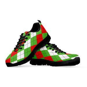 Red Green And White Argyle Pattern Print Black Running Shoes