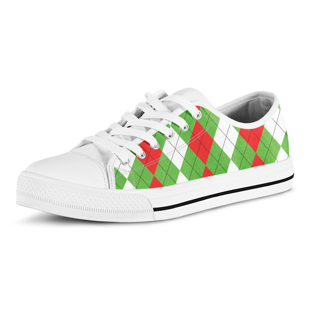 Red Green And White Argyle Pattern Print White Low Top Sneakers