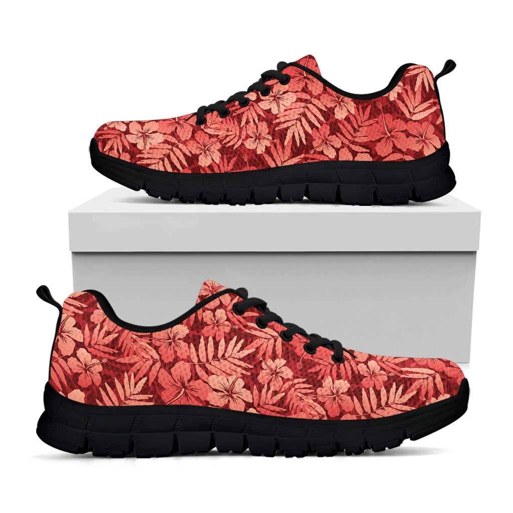 Red Hawaiian Tropical Pattern Print Black Running Shoes