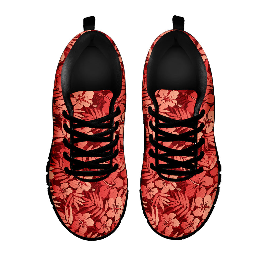 Red Hawaiian Tropical Pattern Print Black Running Shoes