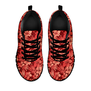 Red Hawaiian Tropical Pattern Print Black Running Shoes