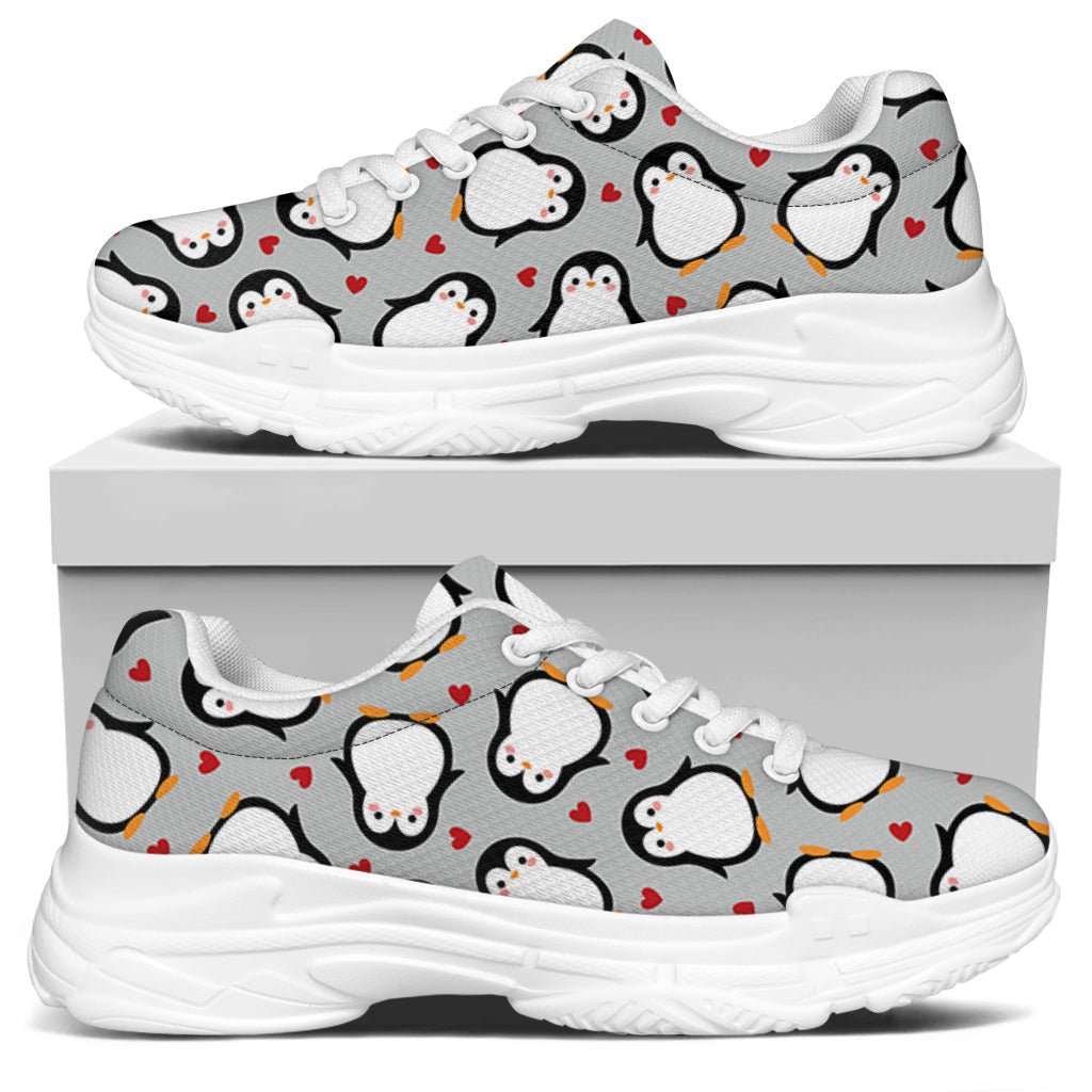 Red Heart And Penguin Pattern Print White Chunky Shoes