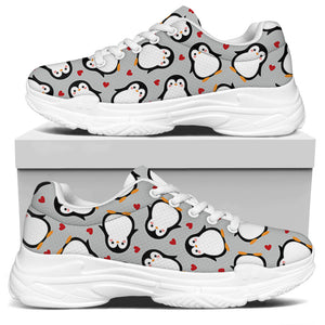 Red Heart And Penguin Pattern Print White Chunky Shoes
