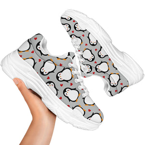 Red Heart And Penguin Pattern Print White Chunky Shoes