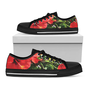 Red Hibiscus Flowers Print Black Low Top Sneakers