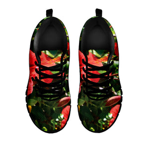 Red Hibiscus Flowers Print Black Running Shoes