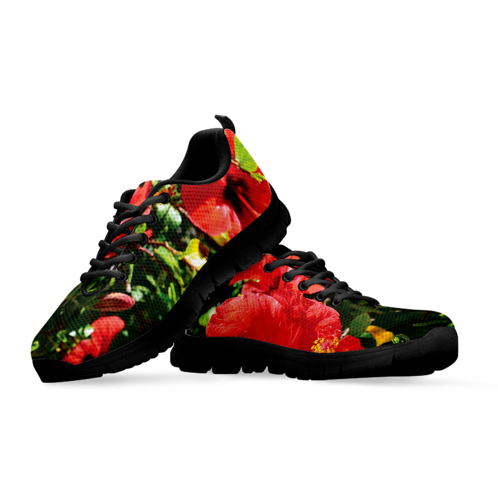 Red Hibiscus Flowers Print Black Running Shoes