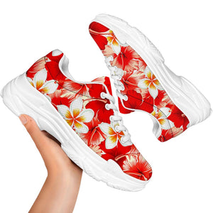 Red Hibiscus Plumeria Pattern Print White Chunky Shoes