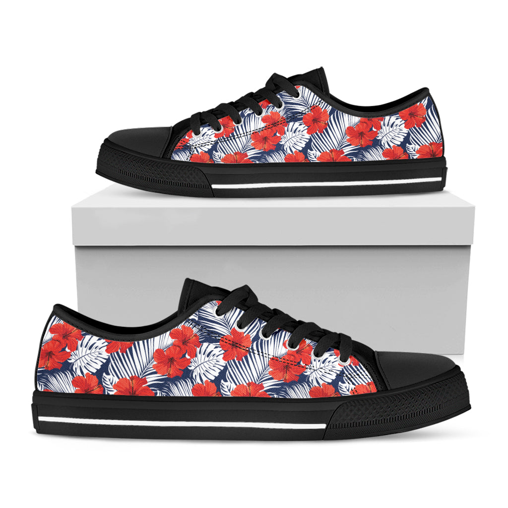 Red Hibiscus Tropical Pattern Print Black Low Top Sneakers