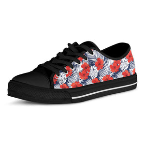 Red Hibiscus Tropical Pattern Print Black Low Top Sneakers