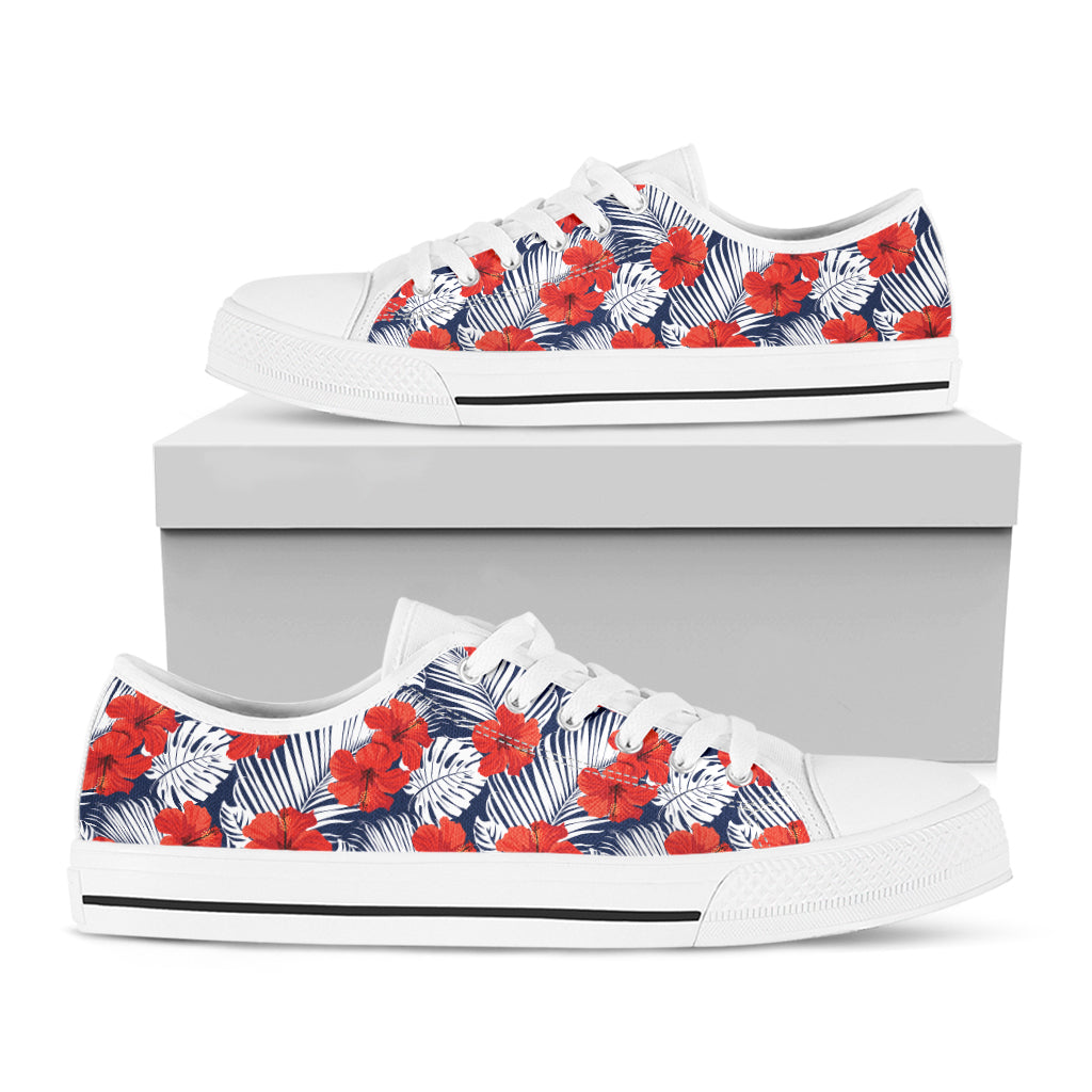 Red Hibiscus Tropical Pattern Print White Low Top Sneakers