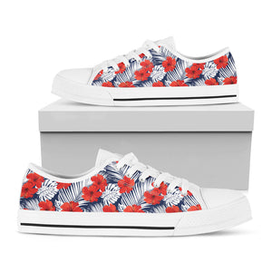 Red Hibiscus Tropical Pattern Print White Low Top Sneakers