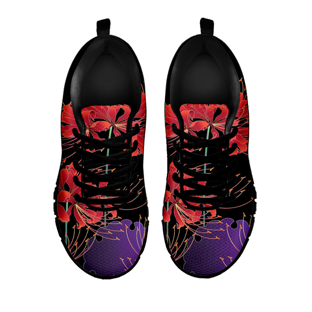 Red Japanese Amaryllis Pattern Print Black Running Shoes