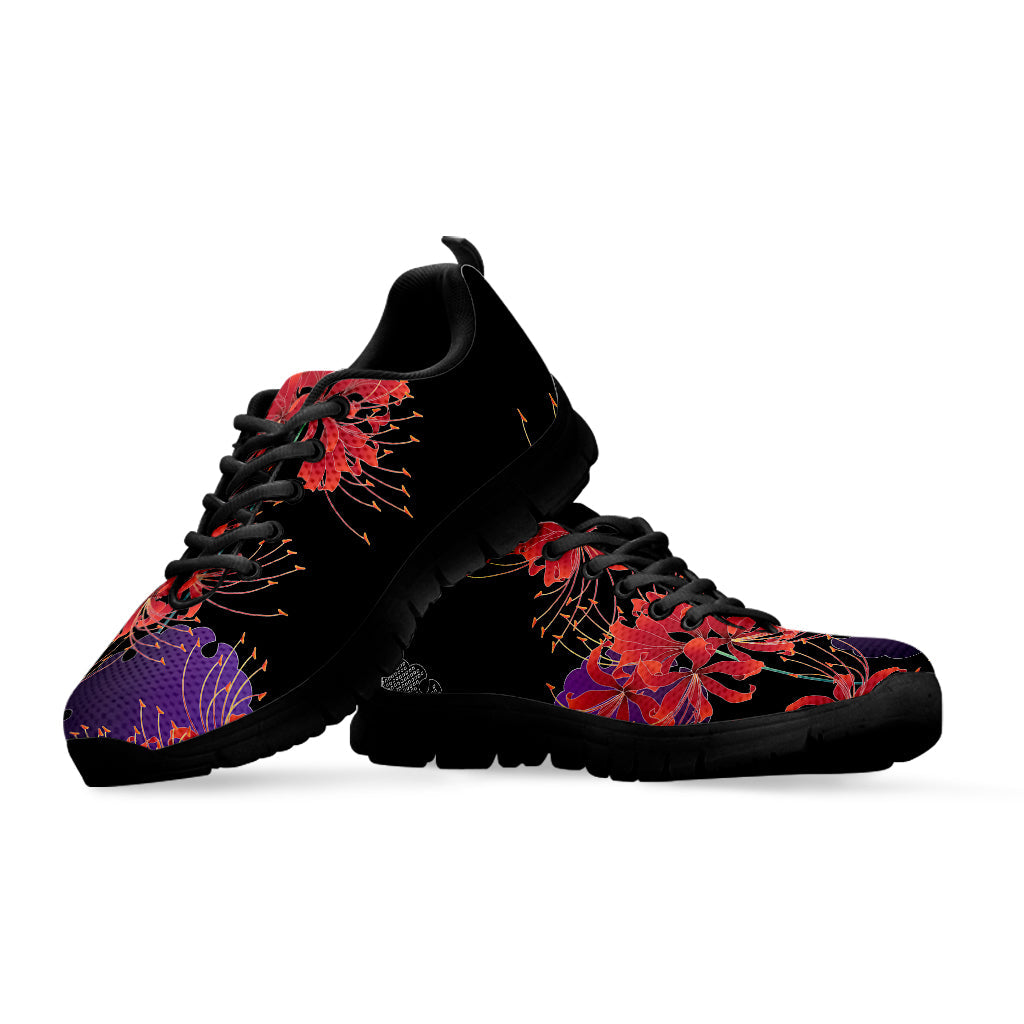 Red Japanese Amaryllis Pattern Print Black Running Shoes