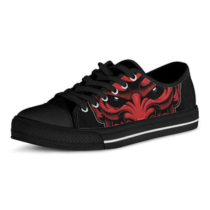 Red Japanese Demon Mask Print Black Low Top Sneakers