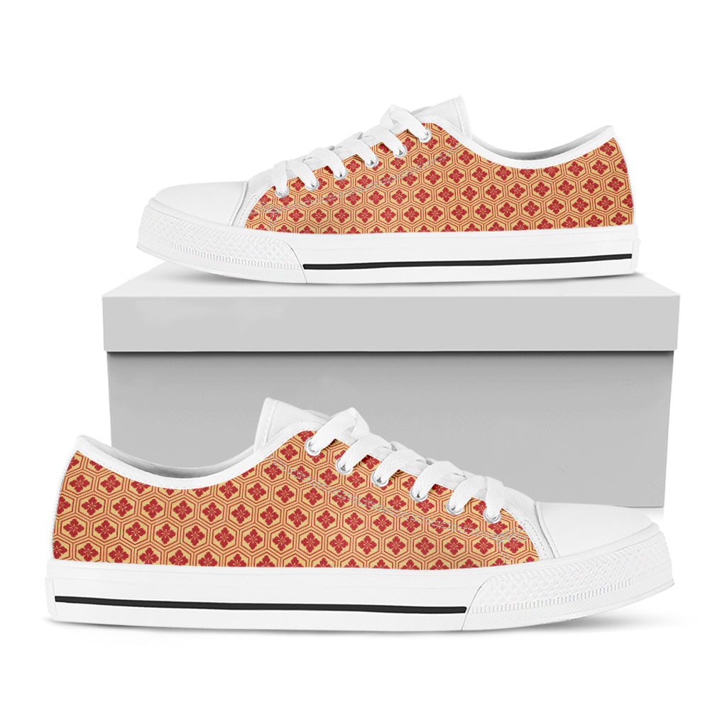 Red Japanese Flower Pattern Print White Low Top Sneakers
